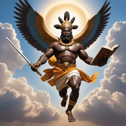 Prompt: African God of the Air, flying in the sky, carrying a Sharp Sword, and carrying a book