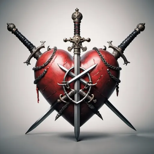 Prompt: A Large Heart with three swords piercing it