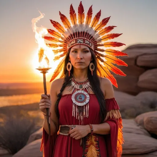 Prompt: Native American, Indian, Goddess of Fire, holding a Wand with the Sun in the background, dressed in a gown