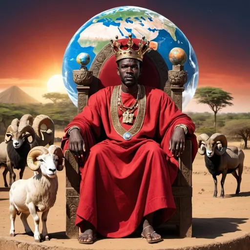 Prompt: African King sitting on a Throne, wearing a Red Robe, Crown on head, earth globe a feet, ram in back ground, African village in background