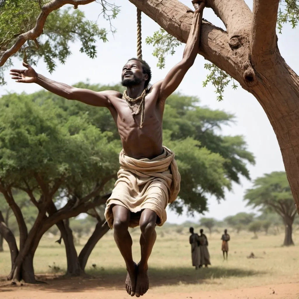 Prompt: African Man hanging from a tree by a Rope like Jesus.   Rope around his neck but still alive
