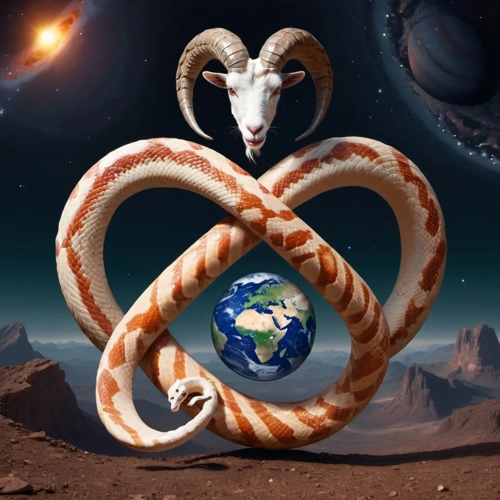 Prompt: Snake eating it's tail Infinity Symbol.  a Goat and the Planet Jupiter in the background
