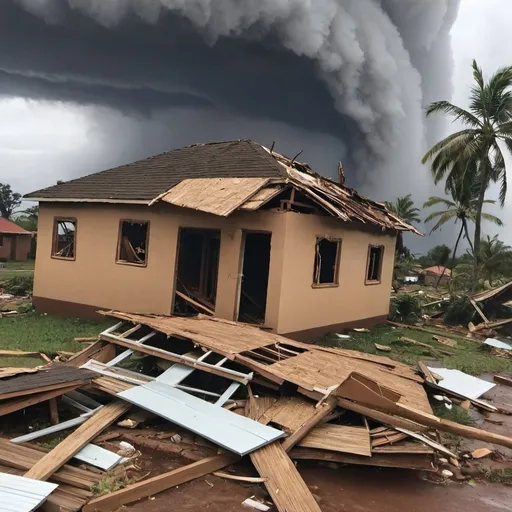 Prompt: Hurrican destroys African house