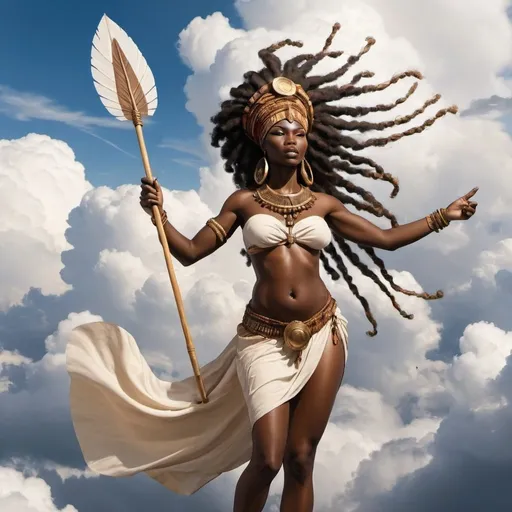 Prompt: African Goddess of the Wind. Holding a , Spear in one hand.  Flying among the clouds