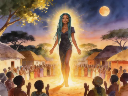 Prompt: The Tall African Goddess Venus Rules Love, Beauty, Peace and Harmony.  She is standing in the African Village with her multitude of followers. The Planet Venus is in the Background