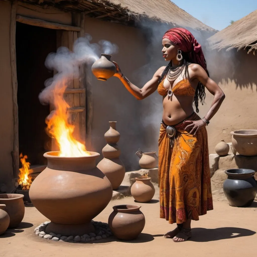 Prompt: African Gypsy standing before a Large pot making a potion.   The Pot is surrounded by the 4 elements of Water, Fire, Earth and Air