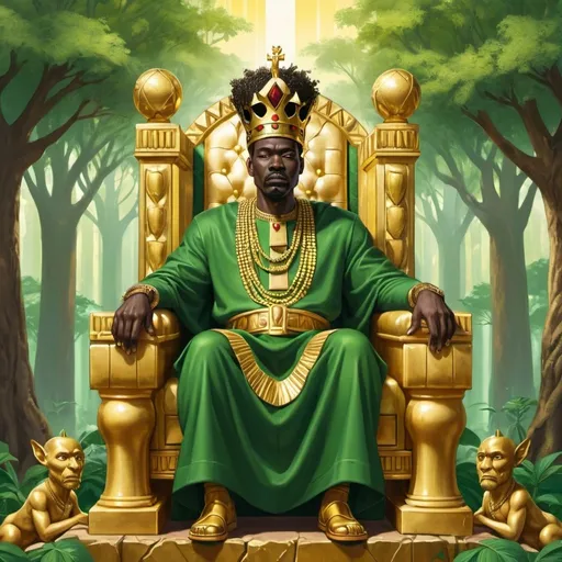 Prompt: African King and God of Wealth, sitting in a Gold Throne.  surrounded by Bars of Gold with the Green Earth and Trees in the background

