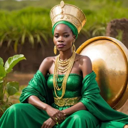 Prompt: African Queen sitting in her Golden thrown, she is wearing a green gown.  The green earth is in the background
