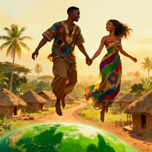 Prompt: 2 African Lovers holding Hands.  One is a Dark skinned African man, the other is a light skinned ebony woman.  They are floating above a green earth and African village