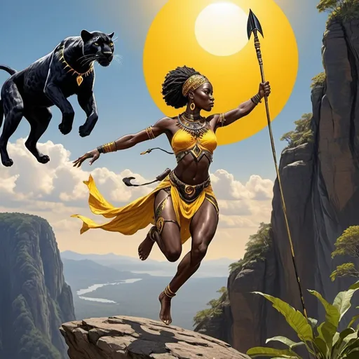 Prompt: African Goddess Warrior, with a Spear, with Black Panther, jumping off a Mountain Cliff, with the small Yellow Sun in the back ground upper sky, with a Black Panter jumping with her, at her side