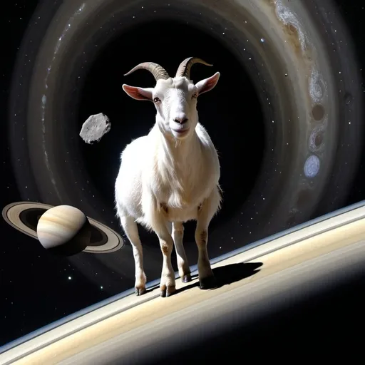 Prompt: A Goat sitting on top of Saturn, with the Asteroid Rings around Saturn.