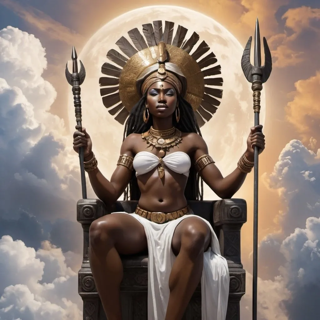 Prompt: African Goddess of the Wind. Holding a African God of the Air, he has Strong Facial Features, with Spear in one hand.  Sitting in a throne among the clouds