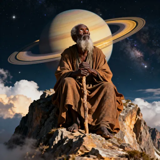 Prompt: African Hermit on a Mountain.  Saturn with Rings with Rings in the background. standing for the search of wisdom and the keeping of independence