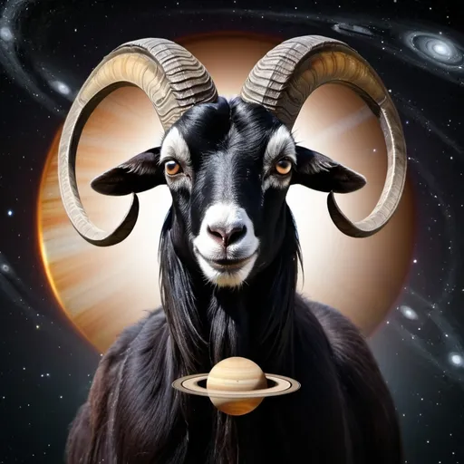 Prompt: Strong Dark Goat with the Planet Saturn with rings in the backgroun
