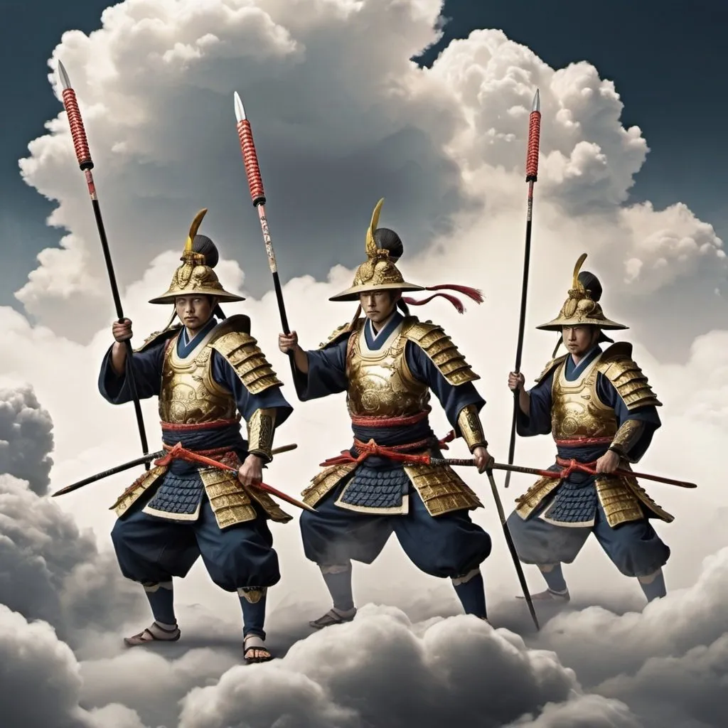 Prompt: 4 Japanese Warriors, each with a gold tipped spear, among the clouds.