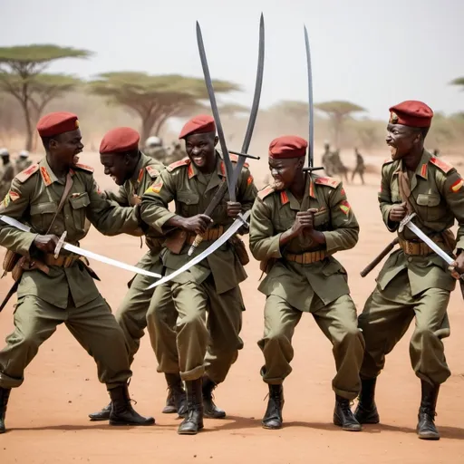 Prompt: 5 African Soldiers, with Swords, fighting