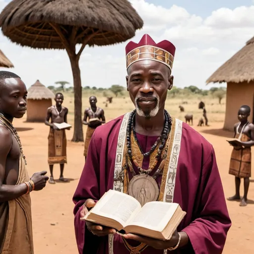 Prompt: African High Priest holding an Old Book. 
Teaching a Group of Villagers African Village in background with animals. with animals in the background
