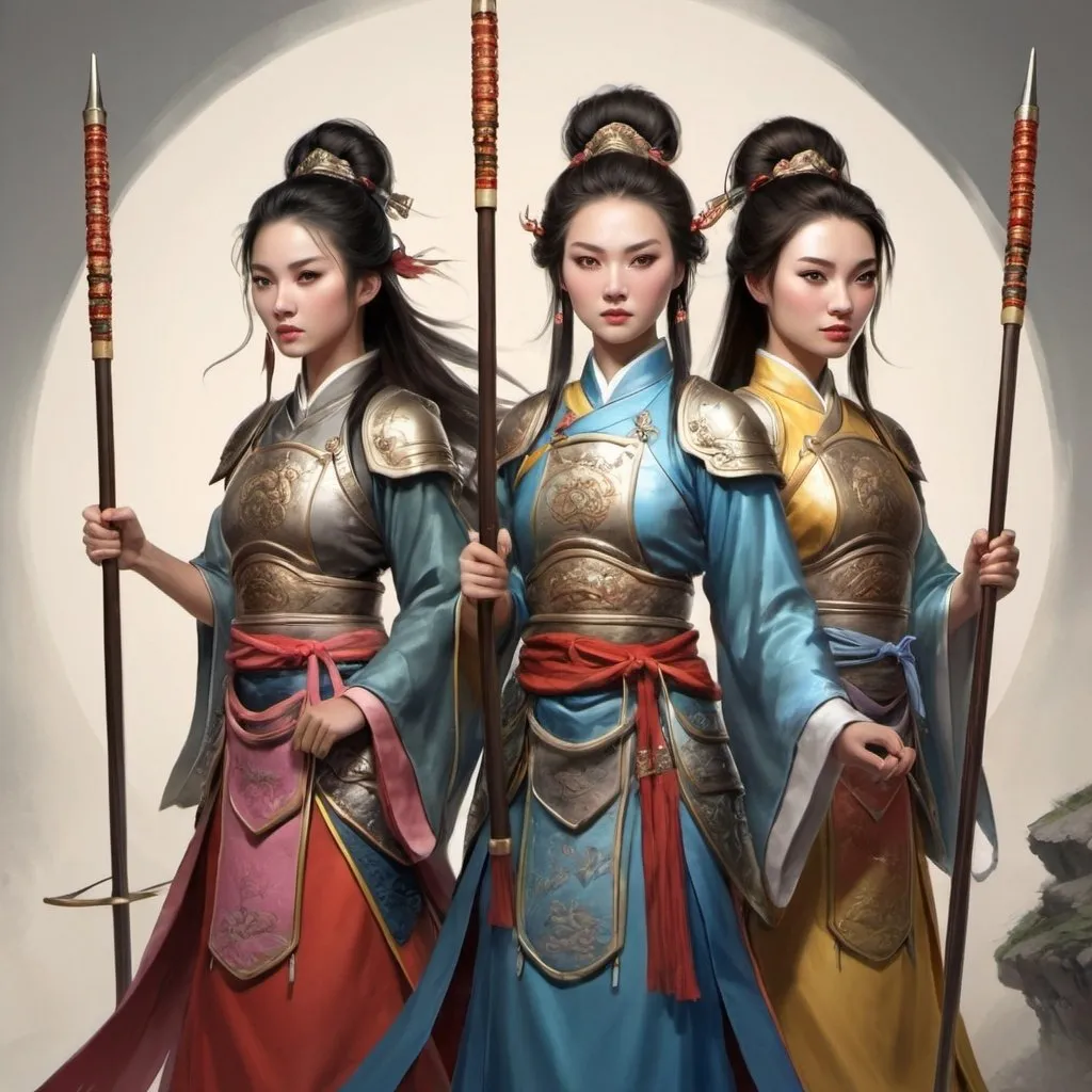 Prompt: Four Chinese Warrior Princesses. Holding Spears