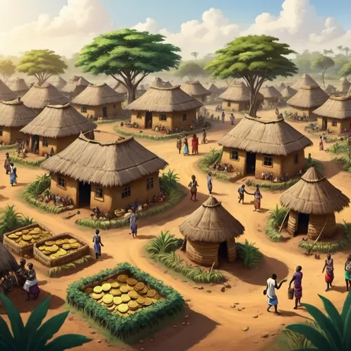 Prompt: Prosperous African Village, with Trees, Gardens.  People are exchanging gold coins
