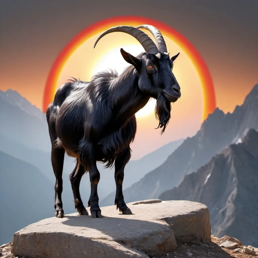 Prompt: Strong Black Goat at the mountain top, with the flaming oval sun in background