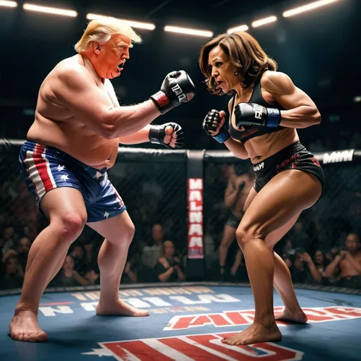 Prompt: One Fat Donald Trump and  One Young Kamala Harris in a MMA Octagon facing each other.  Both Dressed in Boxer Shorts. Kamala is throwing a roundhouse kick to Donald Trump's Head  