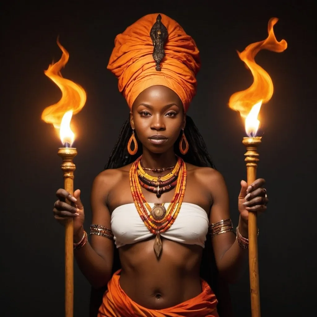 Prompt: two Wands of Flame with an African Goddess
   