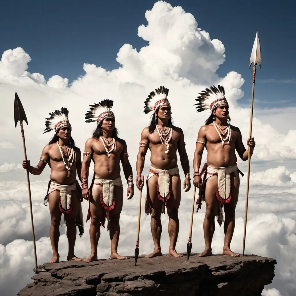 Prompt: 4 Indians, each with a spear, among the clouds.