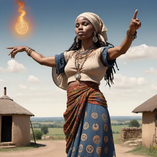 Prompt: African Gypsy Standing, right arm straight pointing up to sky.  Left arm pointing down to the ground, village in background and the Alchemical Symbols for Earth, water, air and fire.