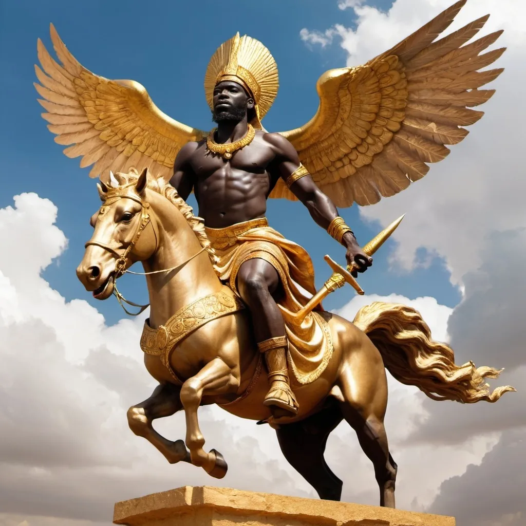 Prompt: African God of the Wind. Holding a Golden Sword in one hand, Riding a Winged Horse in the sky