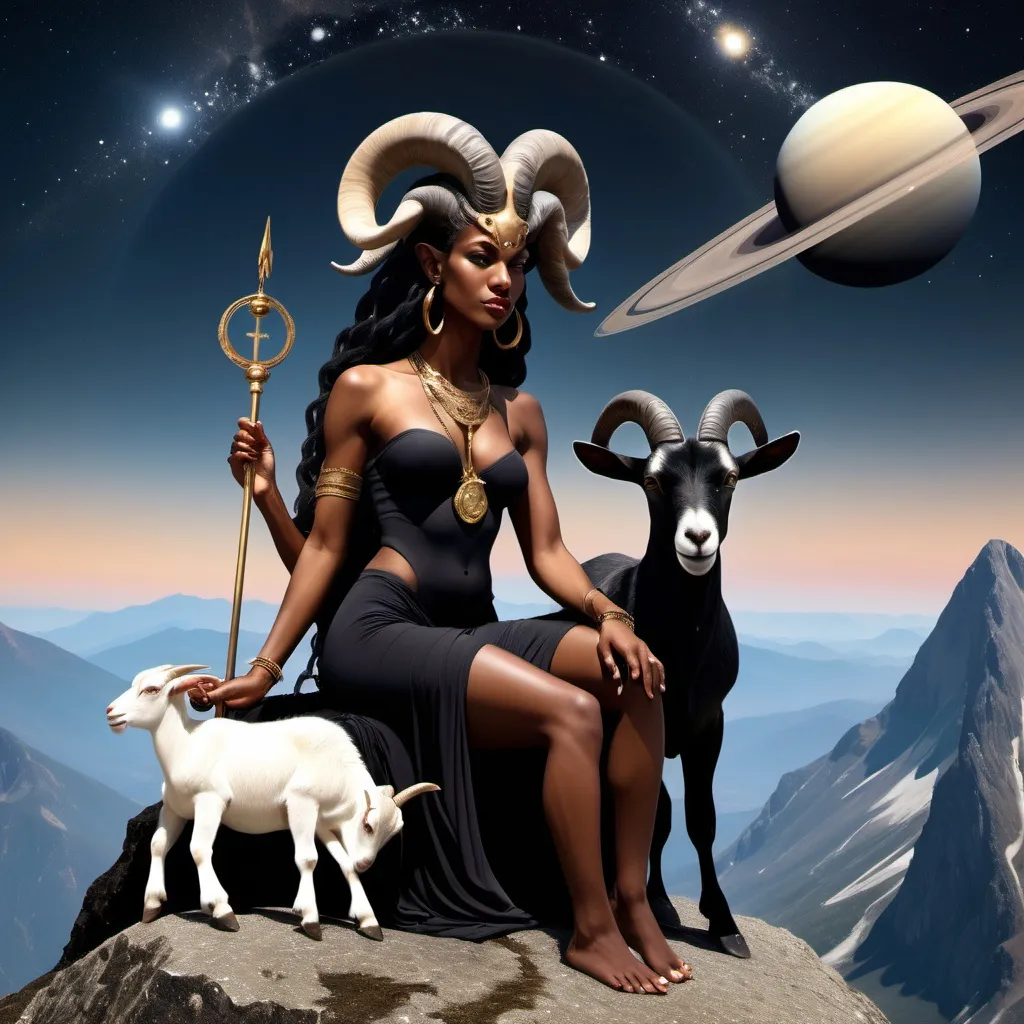 Prompt: Black Goddess Capricorn with a Goat on a mountain top, with the Planet Saturn in the background