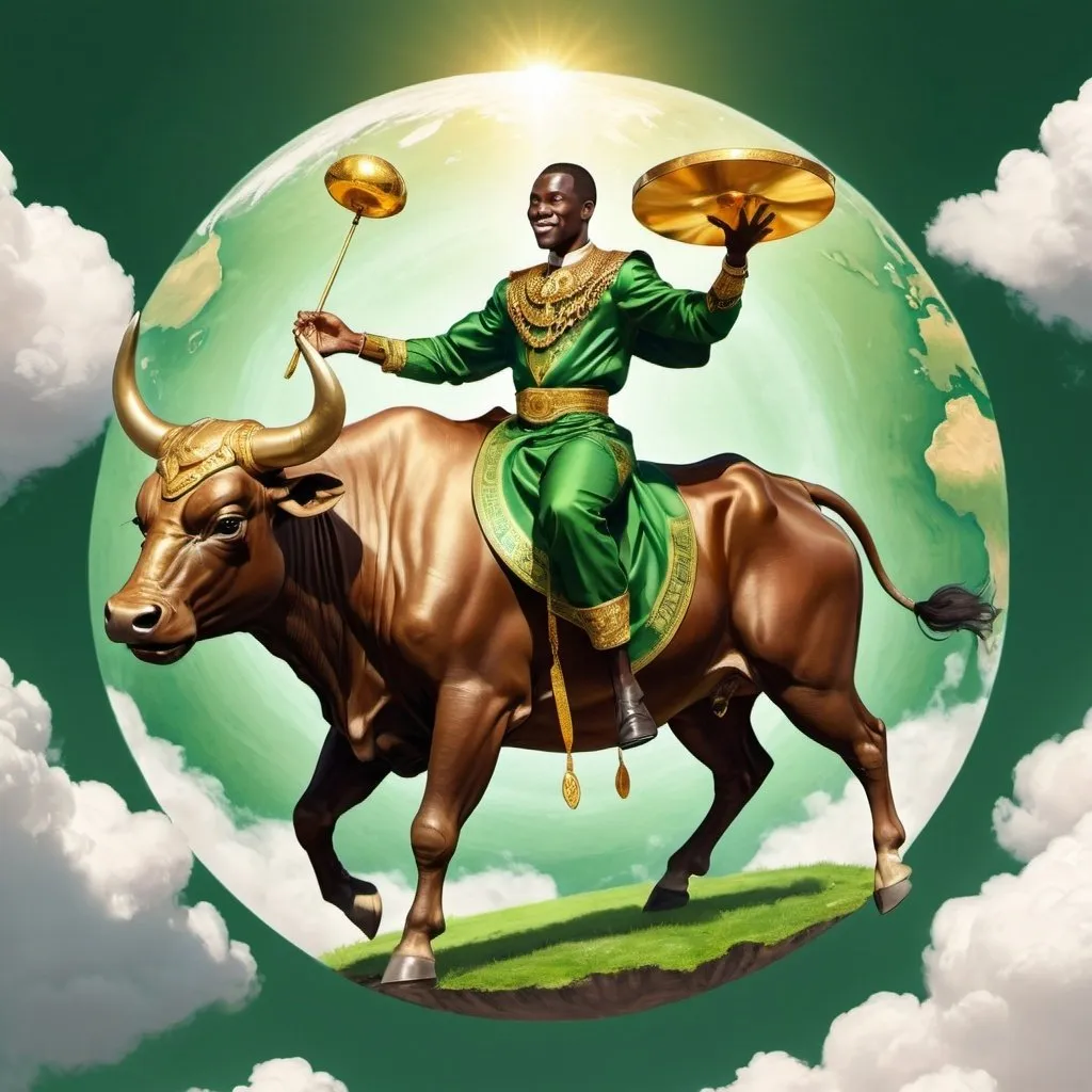 Prompt: African Prince of Wealth, holding a Golden Disk.  flying above the green earth, riding a bull
