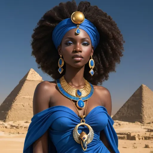 Prompt: Venus the African Goddess of Love, in a Blue Gown, wearing the Eye of Ra pendant around her neck