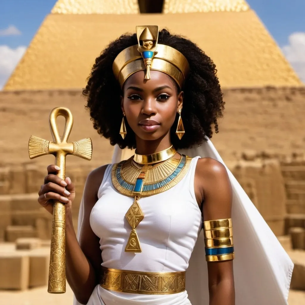 Prompt: African Princess of Wealth, holding a Golden Egyptian Ankh. with a Golden Pyramid in the background
