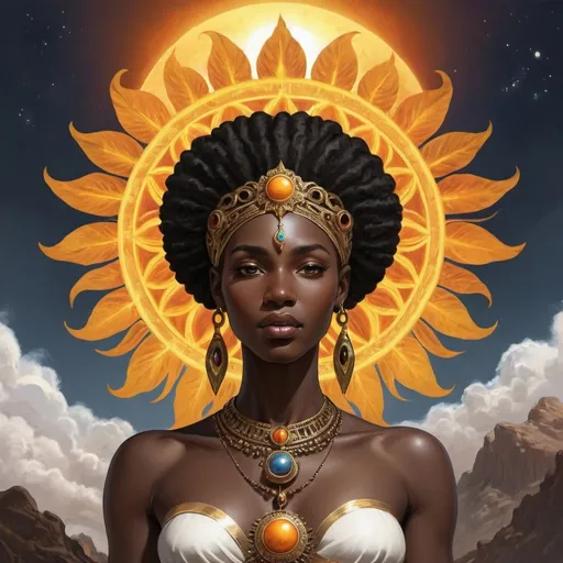 Prompt: Ebony Goddess of the Sun visiting the Earth 