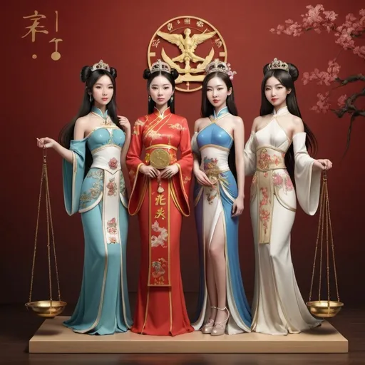 Prompt: Four Chinese Princesses.  Standing besides the Libra Scale of Justice