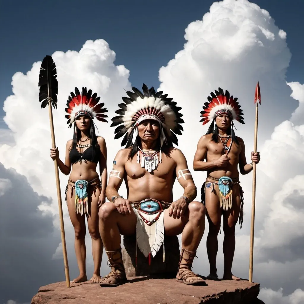 Prompt: Three Spears in the Clouds.  with an Indian Chief on one knee, with a SAD Face