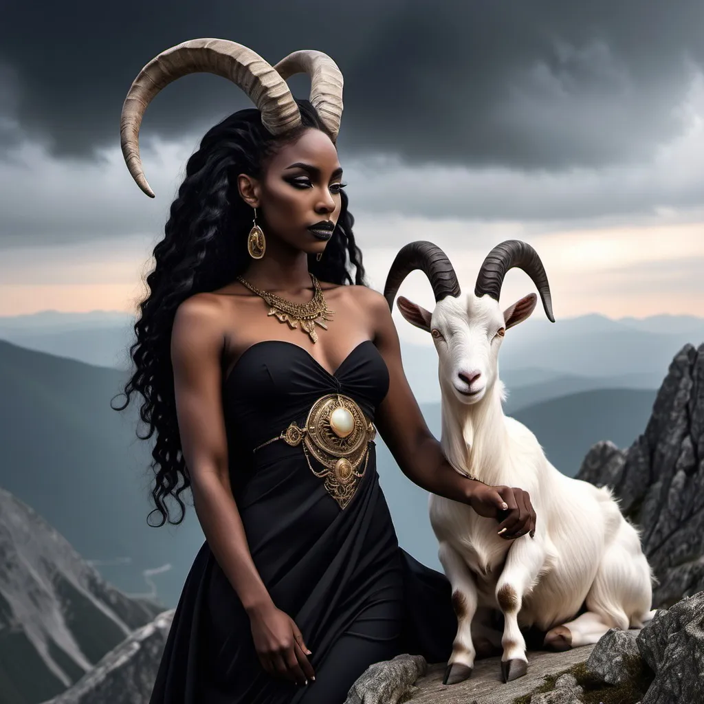 Prompt: Black Goddess Capricorn She Goat on a mountain top