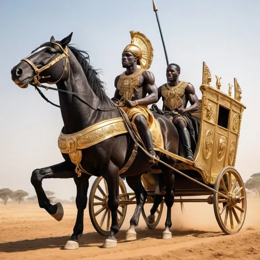Prompt: One African Warrior inside a Golden Chariot  Driven by One Black Horse and no one riding the horse, while holding the Reins of the horse.  Warrior is standing up inside of the Chariot holding the reins to one horse