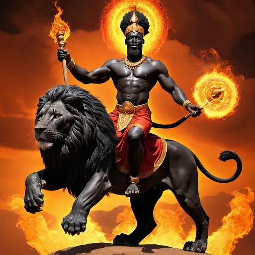 Prompt: African God of fire.  Riding a  Black Lion of fire