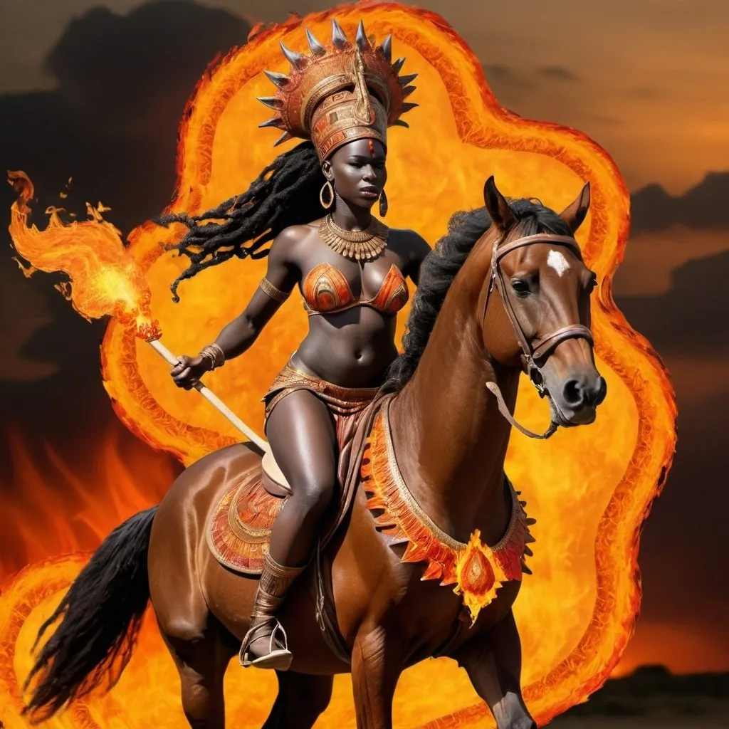 Prompt: African Goddess of fire riding a horse, with flames
