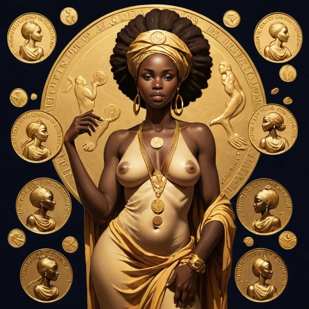 Prompt: Venus, African goddess of love in a Robe surrounded by 9 large Gold Coins