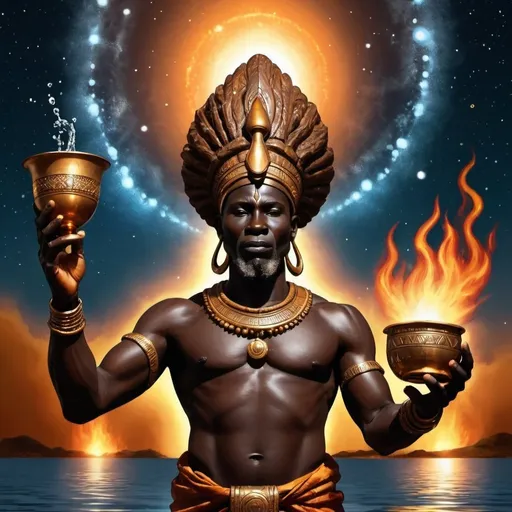 Prompt: African God of Water.  Holding Cup up to the Universe to receive water. with Fire Flames in the background