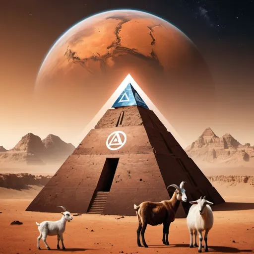 Prompt: a Pyramid with a with the Symbol of the planet Mars on it.   and a goat in the background
