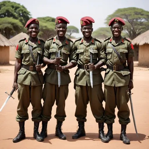 Prompt: 4 African Soldiers, with Swords, happy