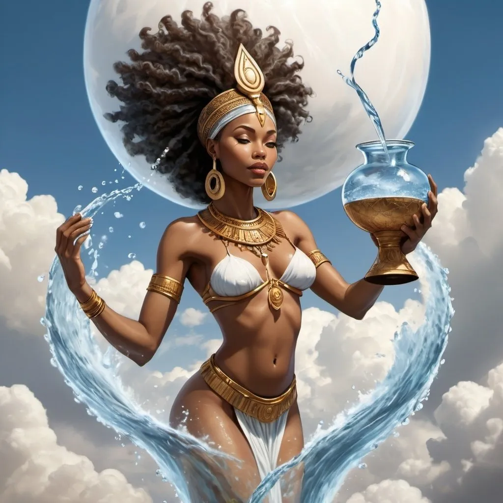 Prompt: light skin African Goddess of water, Floating on Clouds pouring water from a large vase to the Earth Realm
