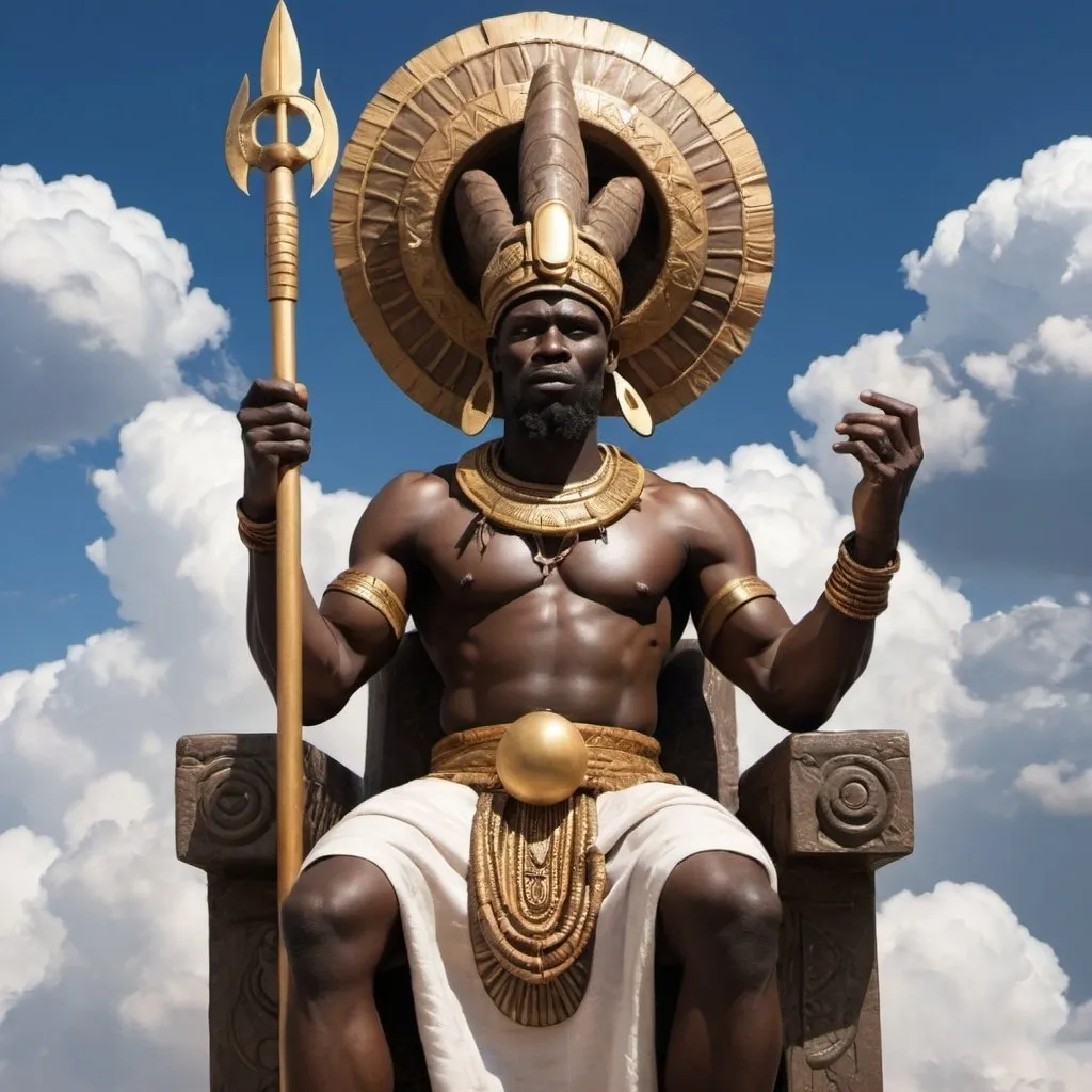 Prompt: African God of the Wind. Holding a African God of the Air, he has Strong Facial Features, with Spear in one hand.  Sitting in a throne among the clouds