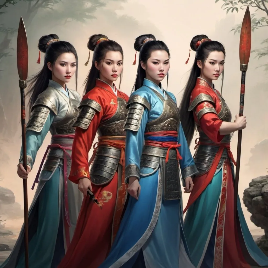 Prompt: Four Chinese Warrior Princesses. Holding Spears