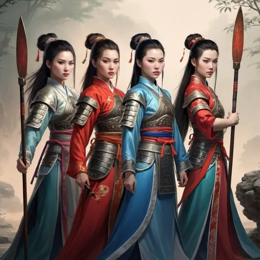 Prompt: Four Chinese Warrior Princesses. Holding Spears