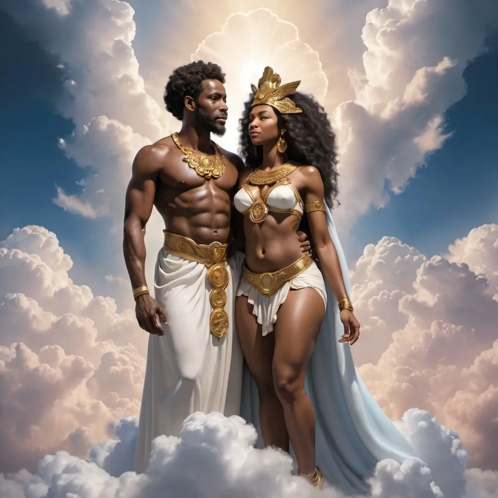 Prompt: African American God and Goddess of Love standing in the clouds