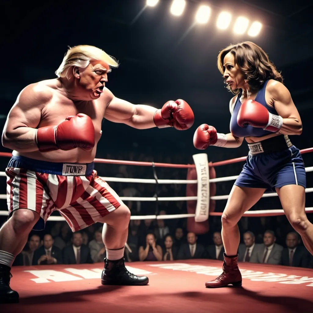 Prompt: Fat Donald Trump and thin Kamela Harris in Boxing Ring with Boxing Gloves get ready to fight
